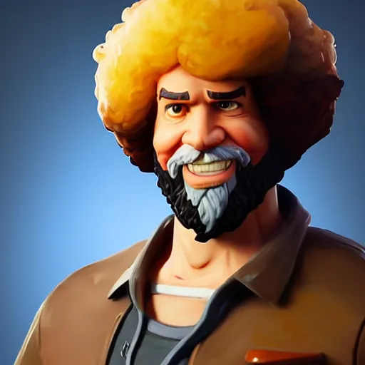 Image similar to Greg Manchess portrait painting of Bob Ross as fortnite character, medium shot, asymmetrical, profile picture, Organic Painting, sunny day, Matte Painting, bold shapes, hard edges, street art, trending on artstation, by Huang Guangjian and Gil Elvgren and Sachin Teng