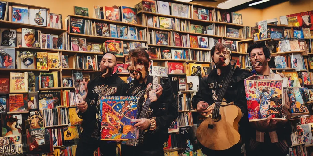 Image similar to “a portrait of a space alien mariachi band in a book store, Sigma 24mm f/8”