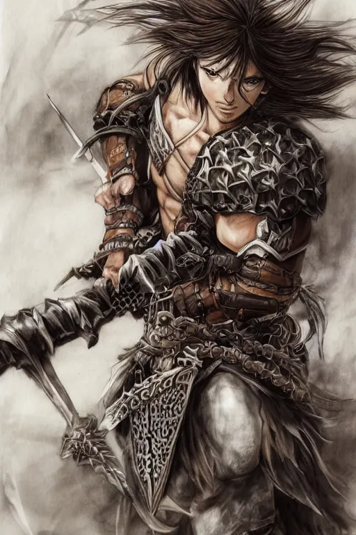Prompt: A realistic anime portrait of a young handsome male barbarian with long wild hair, intricate fantasy spear, plated armor, D&D, dungeons and dragons, tabletop role playing game, rpg, jrpg, digital painting, by Ayami Kojima and Yusuke Murata and Kentaro Miura, concept art, highly detailed, promotional art, HD, digtial painting, trending on ArtStation, golden ratio, rule of thirds, SFW version