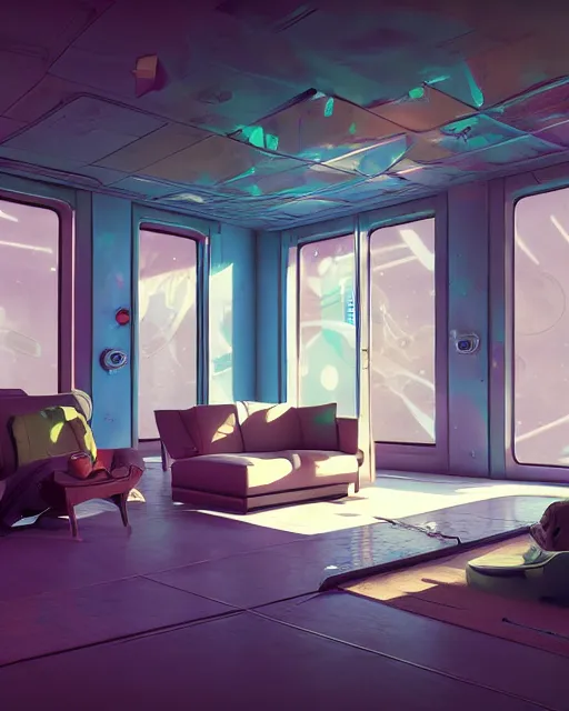 Image similar to artstation scifi scene of a safe room as ikea ad, lounge furniture, sky mural on the room ceiling, holographic art walls, windows, large terrarium, paneled walls, unreal engine 5, hyper realism, realistic shading, cinematic composition, blender render, octane render, hdr, detailed textures, photorealistic, wide shot