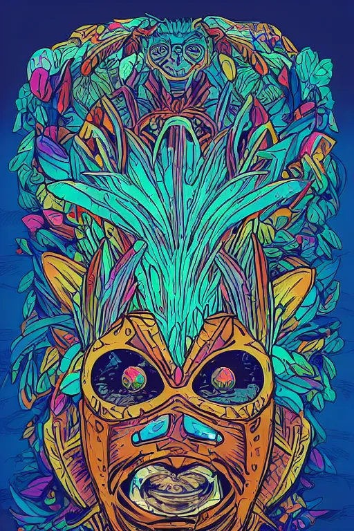 Image similar to animal mask totem roots flower tribal feather gemstone plant wood rock shaman vodoo video game vector cutout illustration vivid multicolor borderlands comics by josan gonzales and dan mumford radiating a glowing aura