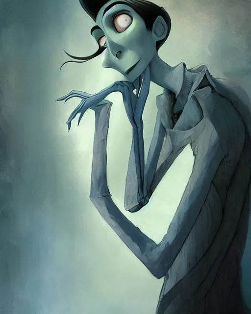 Image similar to elegant mysterious solemn desperate male victor van dort from the movie the corpse bride, portrait, illustration, the land of the death, rim light, top light, summer clear blue sky, perfectly shaded, soft painting, art by krenz cushart and wenjun lin