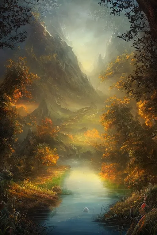 Prompt: beautiful matte painting style dark academia, street art fantasy path mountains and meadow in the background near a lake reflecting the trees, atmospheric lighting, painted, intricate, volumetric lighting, beautiful, rich deep colors masterpiece, sharp focus, ultra detailed by