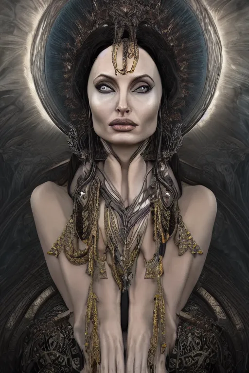 Prompt: a realistic dark photo of a beautiful ancient alien woman goddess angelina jolie in jewelery and fractals in style of alphonse mucha art nuvo dmt trending on artstation made in unreal engine 4