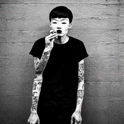 Prompt: beautiful tragic young chinese man with gutterpunk poke and stick face tattoos at dusk, black & white, richard avedon, 5 0 mm, grainy, low light