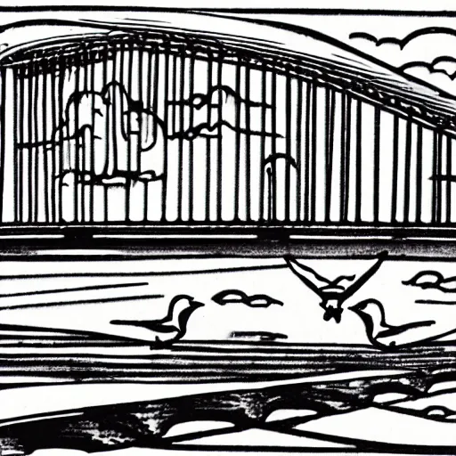 Image similar to small steel suspension bridge built in 1 9 2 8, side view, puffy clouds in background, seagulls floating in the sky, woodcut style, rubber stamp, 8 k