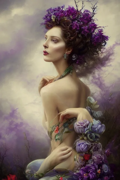 Image similar to closeup portrait fine art photo of the beauty catriona balfe, she has a crown of stunning flowers and dress of purple satin and gemstones, background full of stormy clouds, by peter mohrbacher