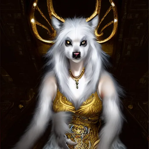 Image similar to commissioned full body furry portrait of a female anthro wolf-headed princess fursona with white hair wearing a white and gold chinese armored dress in a white and gold palace, by Wlop and jerry park, artstation, extremely detailed