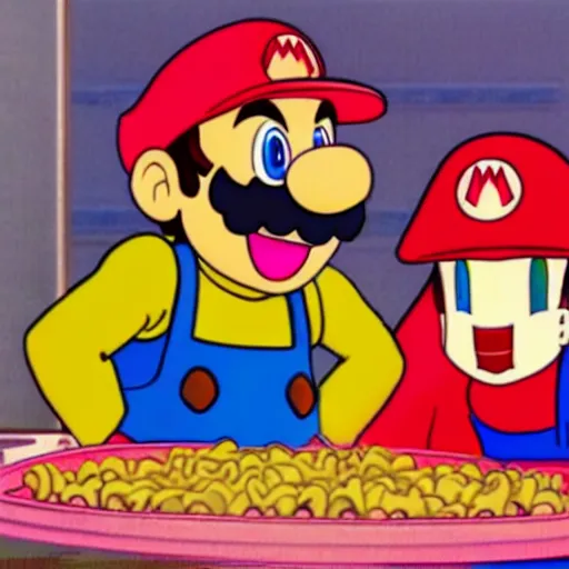 Prompt: super mario in everyday clothes cooking pasta for princess peach, sprite, vaporwave nostalgia, directed by beat takeshi, visual novel cg, 8 0 s anime vibe, kimagure orange road, maison ikkoku, sketch by akira toriyama