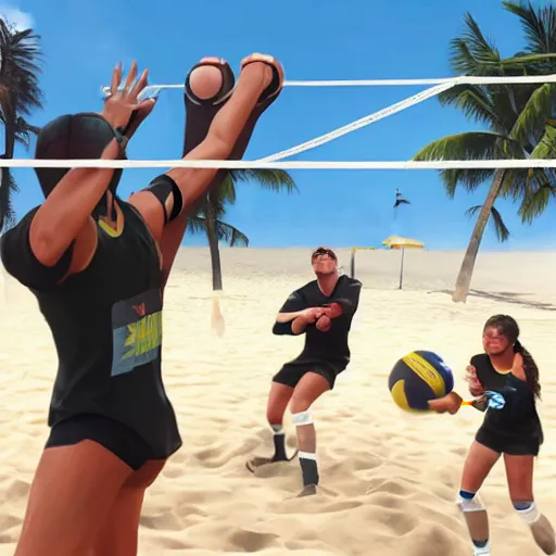 Prompt: Call of Duty Operators playing volleyball on beach 2v2