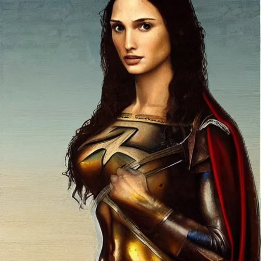 Image similar to a striking hyper real painting of Gal Gadot by da Vinci.