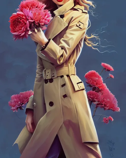 Prompt: taylor swift wearing fashionable trench coat, auburn flower storm, jesper ejsing, artgerm, petros afshar, tom whalen