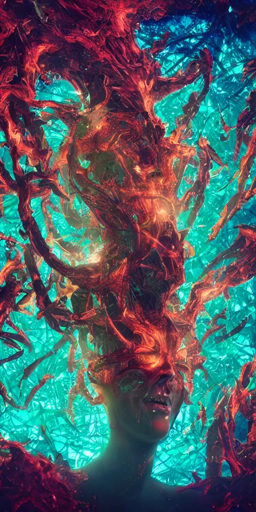 Image similar to impossibly beautiful alien god blots out the sun and unleashes an army of demons on the world, epic scale, intricate complexity, horror, psychedelic glitch art, rainbow drip paint, trending on art station, photoreal, 8k, octane render