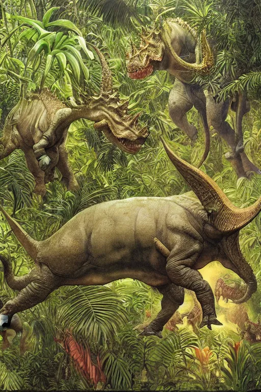 Prompt: ! dream a triceratops charging toward the viewer in a lush tropical jungle, fluid, smooth, bright, colours, high contrast, sharpness, very detailed, intricate, by donato giancola, gustave dore and junji ito