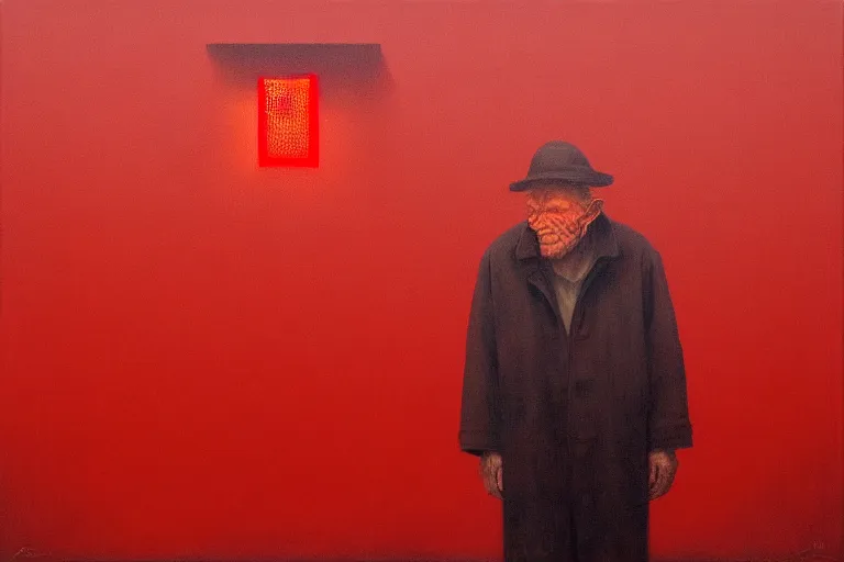 Image similar to only with red, a red old man try to sell a portrait, in a square, crowd cheering, in the style of beksinski, parts by edward hopper, parts by rodcenko, parts by yue minjun, intricate and epic composition, red by caravaggio, insanely quality, highly detailed, masterpiece, red light, artstation, 4 k