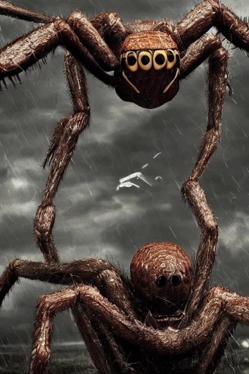 Image similar to giant scary spider monster eating Matt Damon, sigma male, rule of thirds, award winning photo, highly detailed features, raining, horror element, unreal engine, Egypt Pyramid setting,