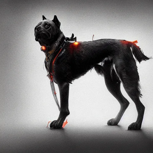Prompt: cinematic portrait of brutal epic dog, concept art, artstation, glowing lights, highly detailed