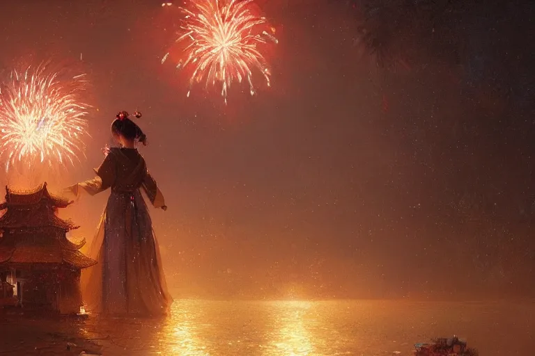 Prompt: a beautiful picture of fireworks at night, village, a girl in hanfu, by greg rutkowski and thomas kinkade, trending on artstation