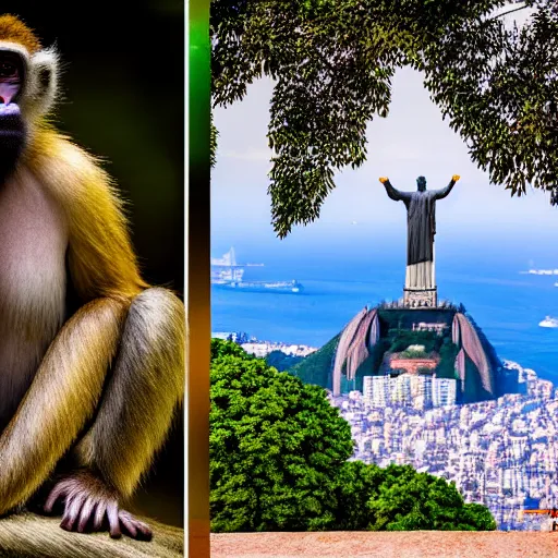 Image similar to high quality portrait of a monkey in front of Christ The Redeemer, studio photograph, photograph, realistic photo, 8k photo, 4k photo, stock photo, high resolution, cinematic shot, high detail