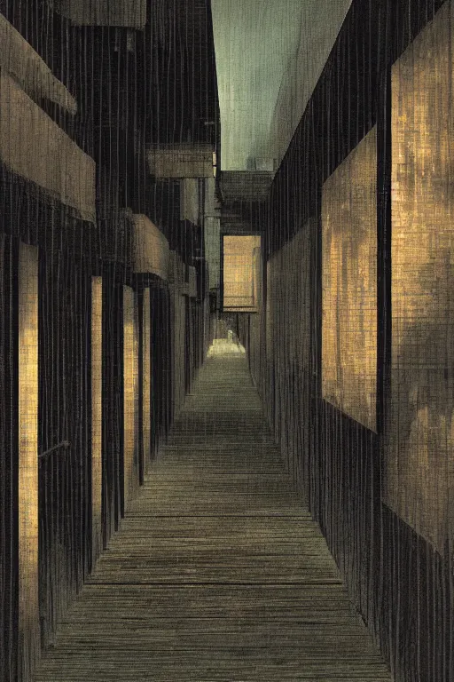 Image similar to a beautiful painting digital of a dark alley room at night with broken windows with wooden crates metal grids by Tadao Ando