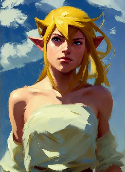 Image similar to Greg Manchess painting of a female Link from Legend of Zelda, countryside, calm, fantasy character portrait, dynamic pose, above view, sunny day, thunder clouds in the sky, artwork by Jeremy Lipkin and Giuseppe Dangelico Pino and Michael Garmash and Rob Rey, very coherent asymmetrical artwork, sharp edges, perfect face, simple form, 100mm