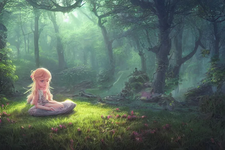 Prompt: a beautiful illustration of a little cute girl in her bed dreaming about a beautiful green forest, fantasy, intricate, epic lighting, cinematic composition, hyper realistic, 8 k resolution, unreal engine 5, by artgerm, tooth wu, dan mumford, beeple, wlop, rossdraws, james jean, marc simonetti, artstation