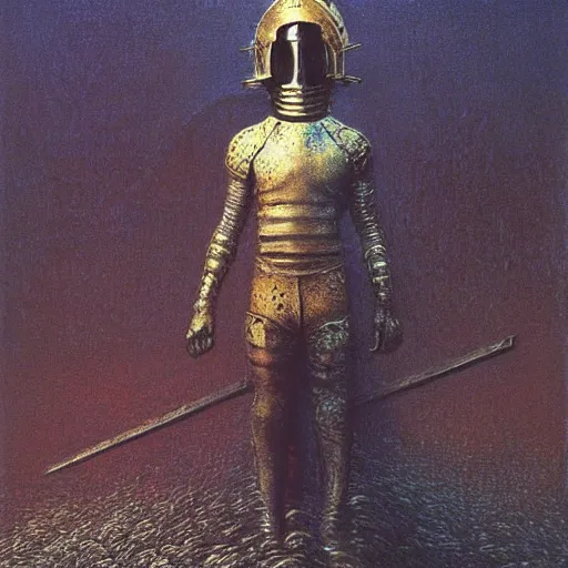 Prompt: mighty knight in golden armour. He has golden hairs. Painting by Beksinski