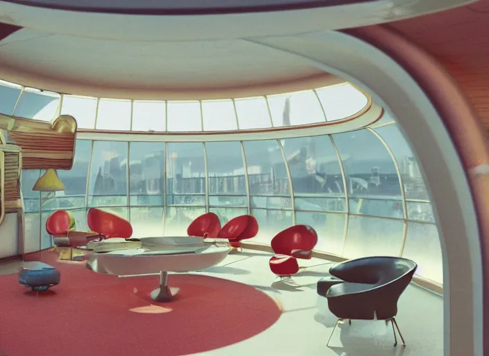 Image similar to a 1 9 7 0 s interior room googie architecture, highly detailed hyper real retro interior house, round windows, curved ceilings, retro futuristic, funky moon base interior lighting, artstation, octane, retro furniture, windows to city, television, retrocore, vray render 4 k by stanley kubrick, gerry anderson