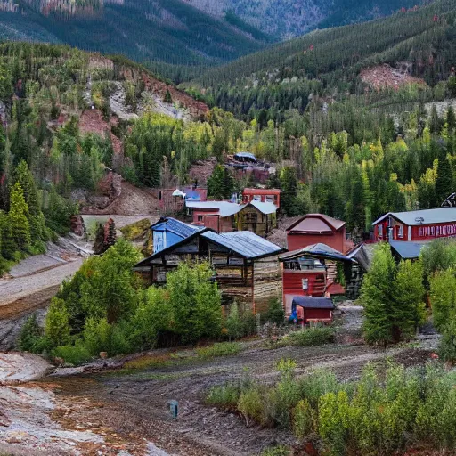 Image similar to the town of Aspen Creek, mountain valley mining town, 4k, scenic