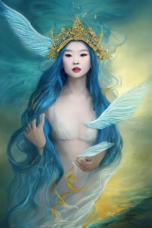 Image similar to a beautiful young Asian woman, Queen of the Sea Mu Yanling, long flowing white hair, blue and yellow robe that resembles floating wings, water flowing and floating around, young female face, liquid magic, cinematic top lighting, insanely detailed and intricate, face by wlop, Charlie Bowater, golden ratio, symmetrical proportions, elegant, ornate, luxury, elite, matte painting, MTG, magic the gathering, trending on artstation, cinematic, cgsociety, 8k, high resolution,