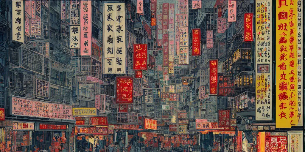 Prompt: a window view onto a street of shops in hong kong, by dan mumford and peter doig and edward hopper, minimal, black in, thick lines highly detailed, muted colours, overlaid with chinese adverts, 8 k
