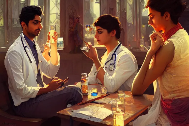 Image similar to Anxious good looking pale young Indian doctors drinking, portrait, elegant, intricate, digital painting, artstation, concept art, smooth, sharp focus, illustration, art by artgerm and greg rutkowski and alphonse mucha