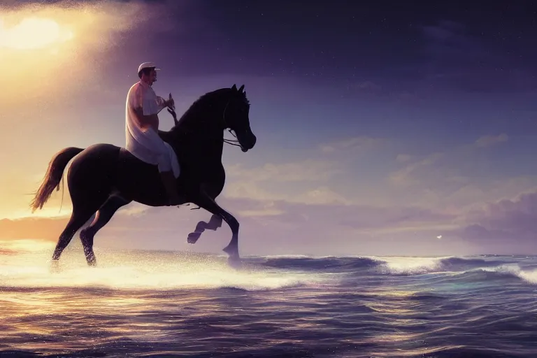 Image similar to photo of man riding a horse along the beach, glowing underwater waves toward a lighthouse in the distance guiding his way, silhouette, wide horizon, large white clouds, night, intricate, elegant, highly detailed, digital painting, artstation, concept art, smooth, sharp focus, illustration, art by artgerm and greg rutkowski and fra angelico