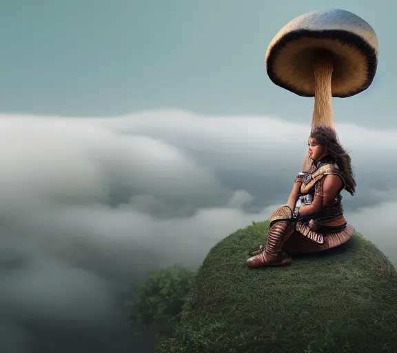 Image similar to a portrait of a female warrior sitting on a giant mushroom that covers a whole town and reaches above the clouds. intricate. lifelike. soft light. sony a 7 r iv 5 5 mm. cinematic post - processing