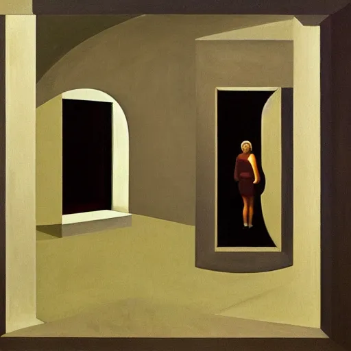Prompt: first - person view of a stark concrete maze with people looking into portholes, ( grant wood ), pj crook, ( ( ( edward hopper ) ) ), oil on canvas