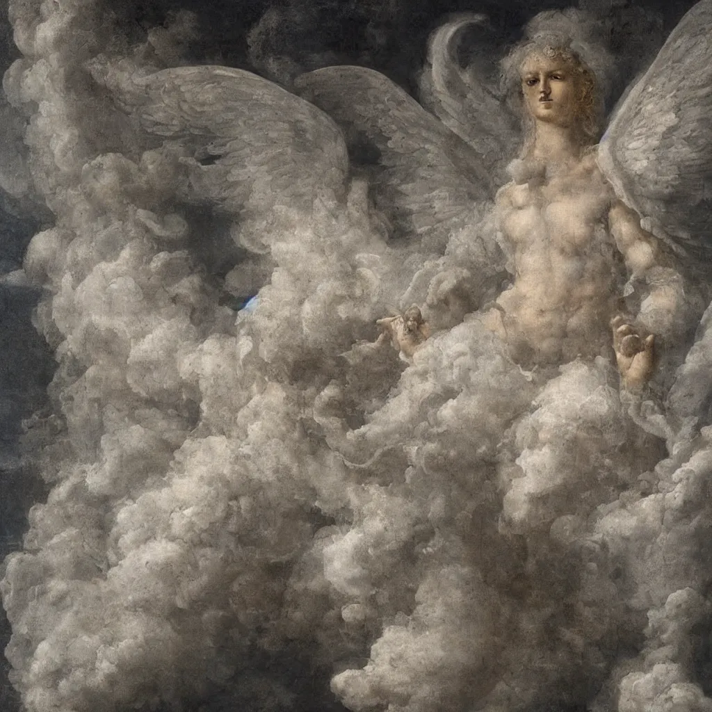 Image similar to powerful seraphim with white wings and white hair floating in a cloud of black smoke. detailed, ultra - realistic, 8 k. by michelangelo, da vinci.