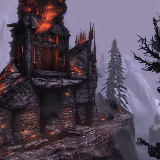 Image similar to skyrim, detailed, lighting, dragonborn, fire, mythical, tower