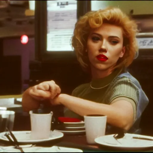 Prompt: a still of Scarlett Johansson at the double r diner in Twin Peaks (1990)