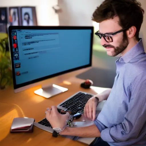 Prompt: picture of the nerd guy, looking on the computer and reacting about new twitter followers, real life, photography