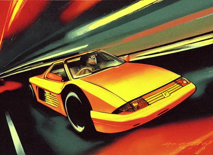 Image similar to jc denton driving a ferrari testarossa through miami at night, in the style of syd mead