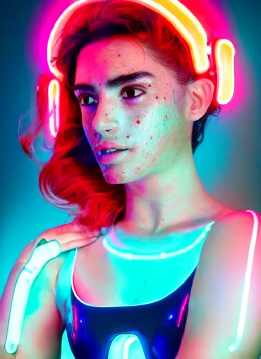 Image similar to a latino female humanoid with freckled cheeks, cyber neon lighting, futurism, intricate futuristic led lit jewelry, retro futuristic glossy white latex swimwear, profile posing, hyper photorealistic, crispy quality, digital photography, trending in artstation, trending in pinterest, cinematic, 4 k ultra hd, art by pascal blanche, art by greg rutkowski,