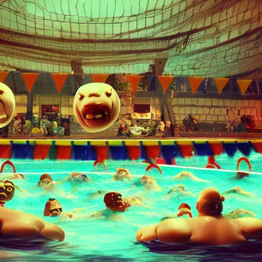 Image similar to photo, ugly old fat men and monsters fighting 5 3 8 2 8 inside a swimming pool, highly detailed, scary, volumetric lighting