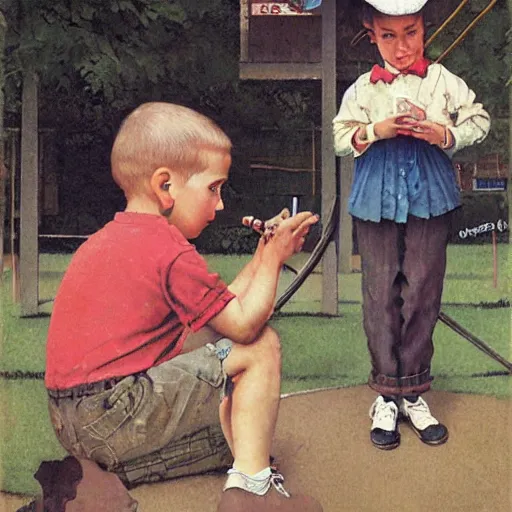 Prompt: child at a playground on an iphone, by norman rockwell