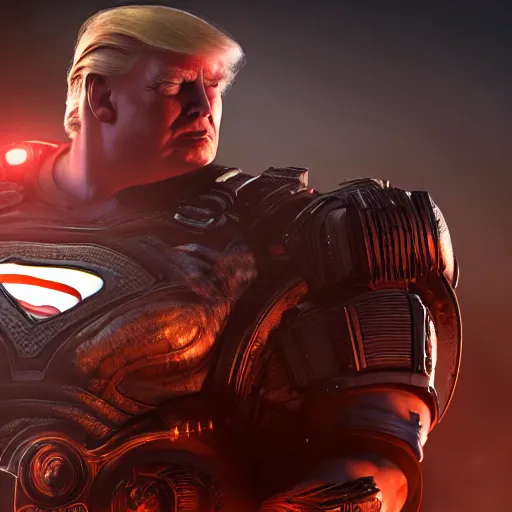 Prompt: Donald Trump as superman in Gears of War, splash art, movie still, cinematic lighting, dramatic, octane render, long lens, shallow depth of field, bokeh, anamorphic lens flare, 8k, hyper detailed, 35mm film grain