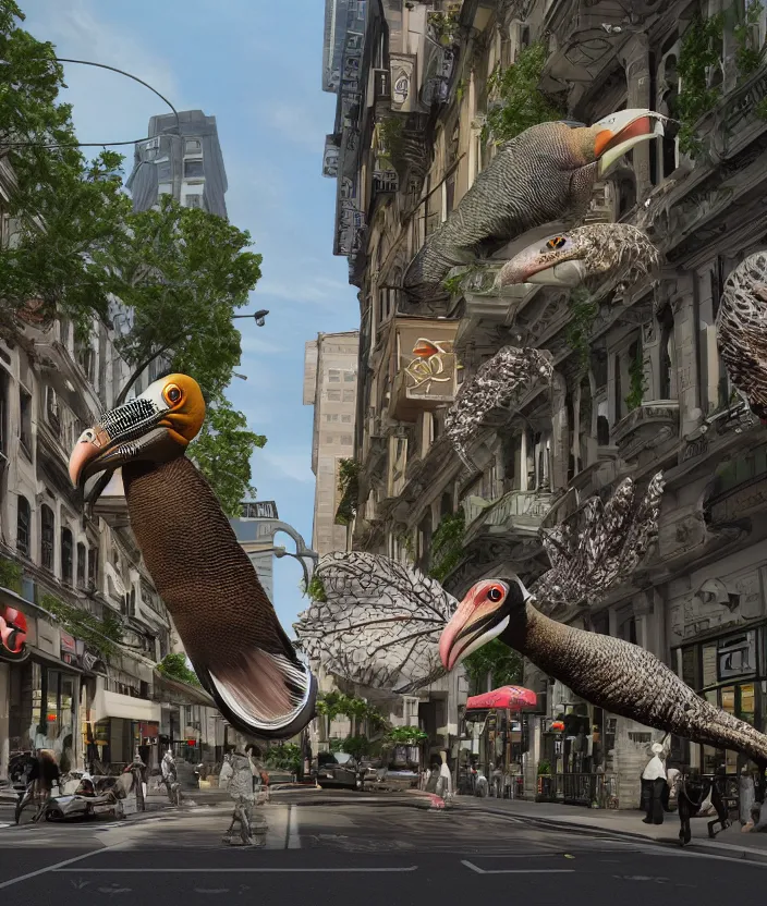 Prompt: a photo of a high poly render of a complex creature in a busy street, muscles normal map creature made of doglike class aves skin veins merged anaconda, bump map strangled by plastic wrap bower bird creature wrinkles pheasant, ivy complex feathers exotic morphing hoopoe, zebra morphing wings king vulture head