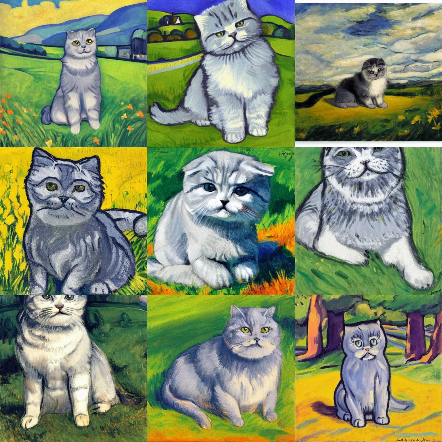 Prompt: a gray scottish fold sitting in the middle of sunny meadow, by max pechstein