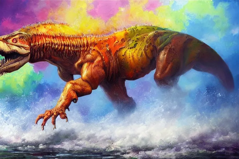 Image similar to highly detailed oil painting of a tyrannosaurus rex in a steaming colorful hotspring stream, featured on artstation