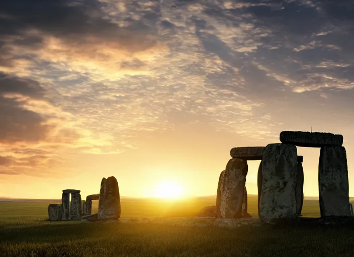 Prompt: sunrise at stonehenge, beautiful dynamic lighting, cinematic, wide angle establishing shot, extremely high detail, photo realistic, cinematic lighting, post processed, concept art, volumetric lighting, official fanart behance, hd, artstation, unreal engine 8k