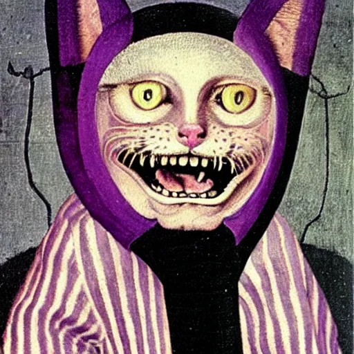 Image similar to portrait of the cat of cheshire bosch with pink and purple stripes and a huge malicious smile by hieronymus bosch. oil on wood