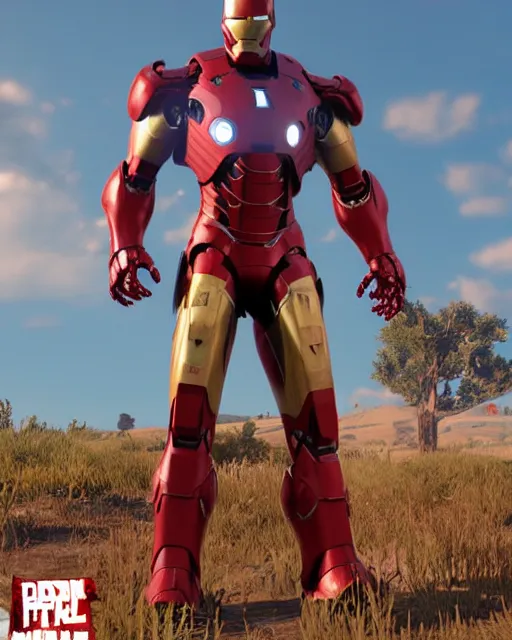 Image similar to robust and bulky iron man suit in red dead redemption 2, cinematic, photorealistic